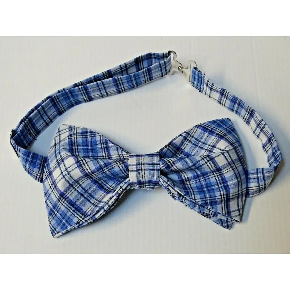 Custom Mens Blue/Navy Plaid Bow Tie Pre-tied Adjustable‎ Gift 4 Him OOAK Unique